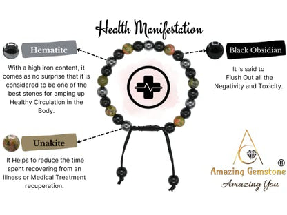 Amazing Gemstone Health Bracelet - Unakite Black Obsidian Hematite Bracelet Set for Men Women Healing Calming Anxiety Stress Relief Gifts Pulseras Para Hombres Mujer Stocking Stuffers (Adjustable) - color: Health