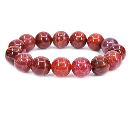 Keleny Natural Gem Semi Precious Gemstones 14mm Round Beads Crystal Stretch Bracelets 7 Inch Unisex - color: 14mm Red Crab Fire Agate