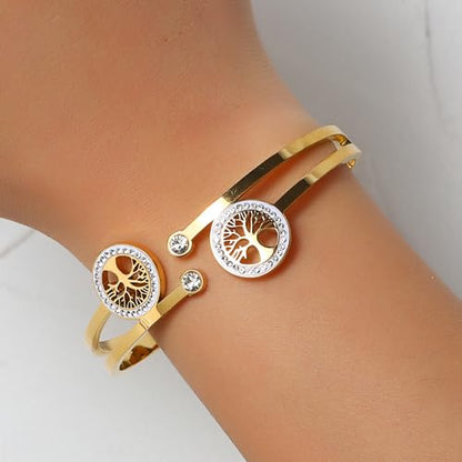 Gold Bangle for Women - 18K Gold Plated Stainless Steel Love Friendship Crystal Bracelets with Cubic Zirconia - color: A-TREE GOLD