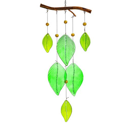 Glass Wind Chimes for Outside,Unique Handmade Windchimes Outdoors with Stained Glass Leaves for Home Window Garden Yard Patio Decor Ornament for Christmas Tree,Green 20"