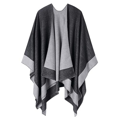Women's Shawl Wrap Poncho Cape Cardigan Open Front Coat Shawl Wrap Scarf for Spring Fall Winter - color: Black Grey