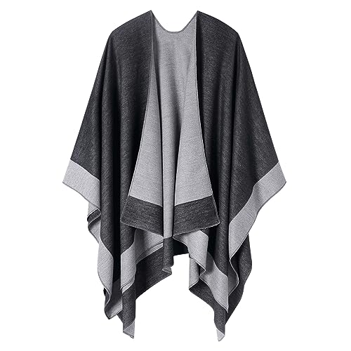 Women's Shawl Wrap Poncho Cape Cardigan Open Front Coat Shawl Wrap Scarf for Spring Fall Winter - color: Black Grey
