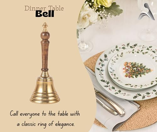 Hand Bell with Antique Brass Finish and Wooden Handle – Perfect for Weddings, Schools, Games, Reception Desks, Religious Ceremonies & Events – 3” Diameter, 8” Height