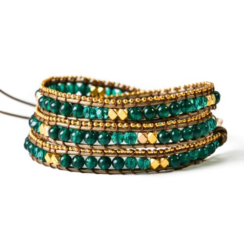 YGLINE Natural Stone Wrap Bracelet for Women Boho Bracelets Healing Crystal Beaded Bracelet Adjustable 3/5 Wraps Bracelet Handmade Birthday Gifts for Women - color: Green Agate(3 wraps)