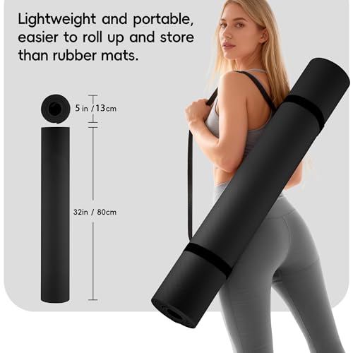 Extra Wide Yoga Mat 72" x 32", 6mm Non Slip TPE Exercise Mat with Carrying Strap, Large Workout Mat for Yoga, Pilates, Stretching, HIIT & Home Gym - color: black