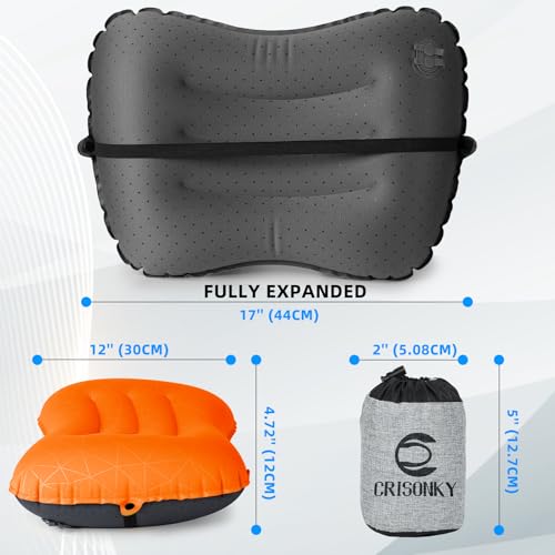 Crisonky Camping Pillow - Inflatable Pillow - Travel Pillows for Backpacking & Airplane, Lumbar Support 2.0 Blow Up Pillows, Ultralight Compressible, Comfortable, Ergonomic Pillow