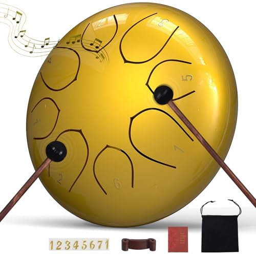 Rain Drum for Outside Garden, 6 Inches 8 Notes Steel Tongue Drums, Waterproof Meditation Rain Chime, Musical Instruments for Adult Gift with Bag, Music Book, Mallets (Gold) - color: Gold, size: 6 Inches