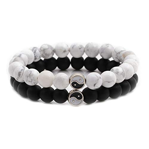 Fashion Men Women Taiji Yin Yang Feng Shui Charm Bracelet Natural White Turquoise and Black Beaded Couple Bracelets Friendship Distance Bracelet Jewelry - color: Couple