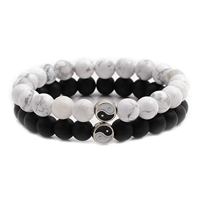 Fashion Men Women Taiji Yin Yang Feng Shui Charm Bracelet Natural White Turquoise and Black Beaded Couple Bracelets Friendship Distance Bracelet Jewelry - color: Couple