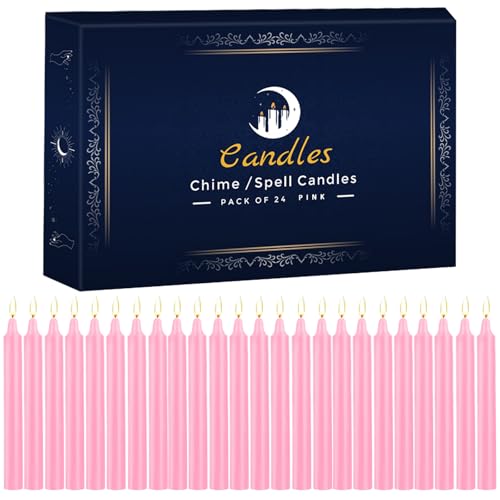 24 Pack Pink Spell Chime Candles – Premium Mini Unscented Taper Candles for Rituals, Prayer, Meditation, Altar, Spells – 4" Tall – Ideal for Witches & Spiritual Practices - color: Pink