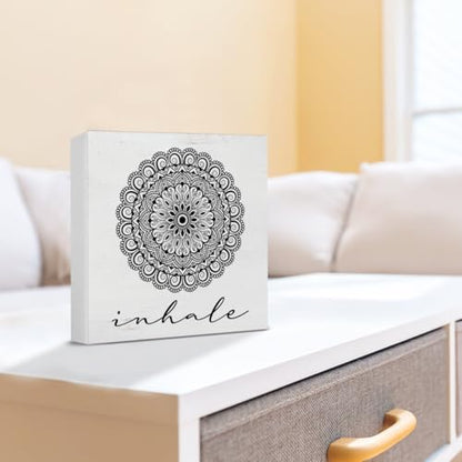 Zen Decor, Spiritual Decor, Inhale Mandala Wood Sign Home Office Meditation Room Bedroom Yoga Room Table Shelf Wall Desk Decoration 5×5 Inches