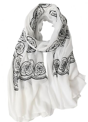 MINIDORA Soft Lightweight Scarves for Women Floral Embroidered Shawls for Holiday Summer Travel Wraps Extra Large - color: Style 1-white