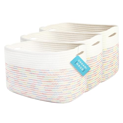 Rainbow Stitches Cotton Rope Baskets for Shelves, Set of 3-15"×10"×9½" - Colorful Storage Baskets for Kids - Nursery, Playroom, Classroom - Toy Storage, Books, Towels - color: Stitches Rainbow