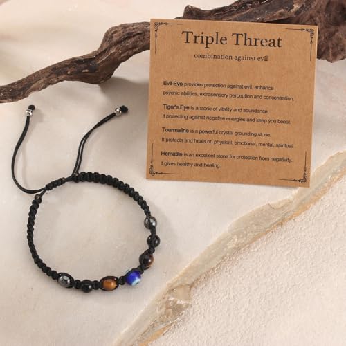 Triple Threat Protection Bracelet for Women,Evil Eye Natural Healing Crystal Beaded Bracelet for Protection - style: Evil Eye Braceet (String)