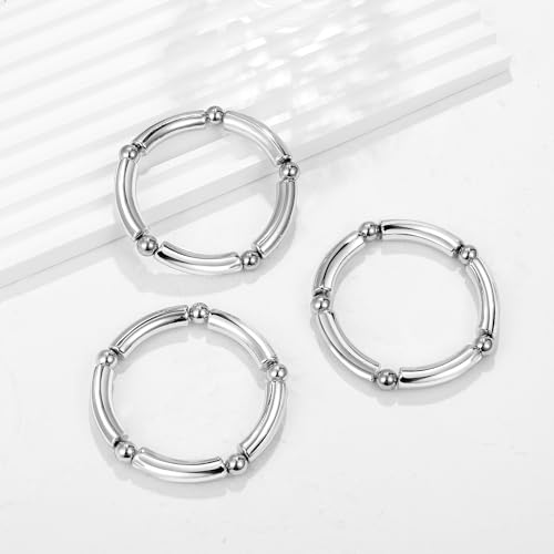 Gold Chunky Bangles Bracelets For Women 14k Gold Plated Stack Layered Curved Bamboo Tube Stretch Bracelets Gift Jewelry - color: 3pcs Silver-8mm