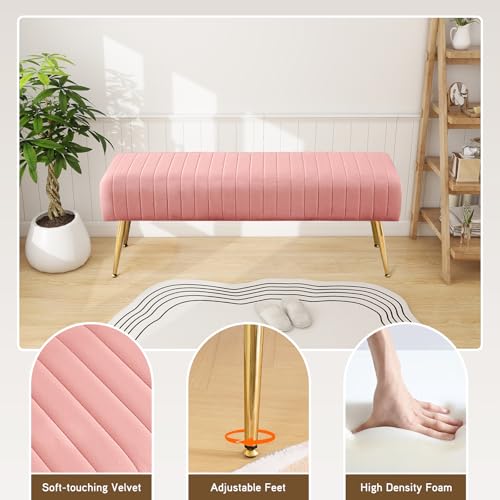 Furnimart 44 Inch Pink Velvet Ottoman Bench, Modern Upholstered Bedroom Benches Footrest Stool Indoor Bench for Entryway Living Room Bedroom Dining Room (Velvet-Pink) - color: Velvet-pink