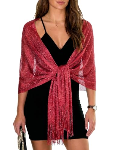 Sumolux Shawls Wraps for Evening Dresses Metallic Glitter Shawls Scarf for Women Sparkling Wedding with Free Buckle - color: Wine Red