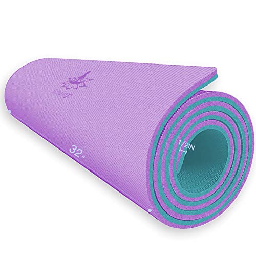 Hatha Yoga Extra Thick TPE Yoga Mat - 72"x 32" Thickness 1/2 Inch -Eco Friendly SGS Certified - With High Density Anti-Tear Exercise Bolster For Home Gym Travel & Floor Outside - color: Purple/Green
