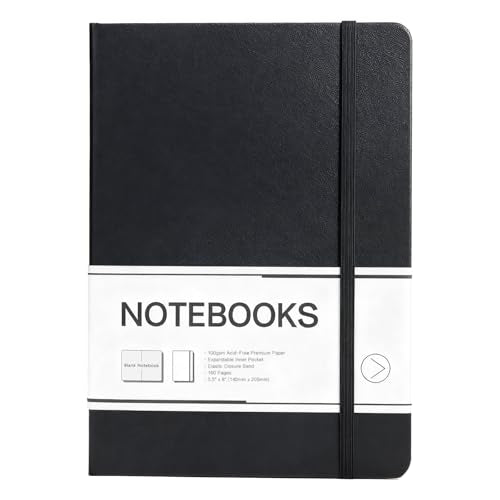 M&G Blank Journal Notebook, 160 Pages, A5 Medium Size 5.6" x 8" for Men Women, 100GSM Thick College Ruled Paper for Journaling, Writing, Sketching, Leather Hardcover, Black - color: Black, style: Plain