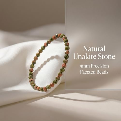 Angelstones Natural Gemstone Small Beaded Stretch Bracelet, 4mm Faceted Round Beads, Crystal Healing Bracelet for Women - color: Unakite