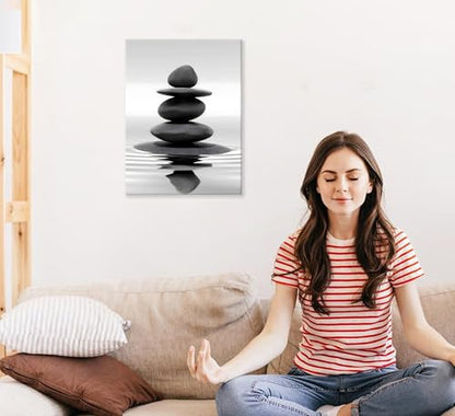 Zen Canvas Wall Art Black Stacked Stone Poster Print for Spas Bathrooms Yoga Rooms Meditation Spaces Ready to Hang 12x16in Framed - color: Canvas Black Stone, size: 16"L x 12"W