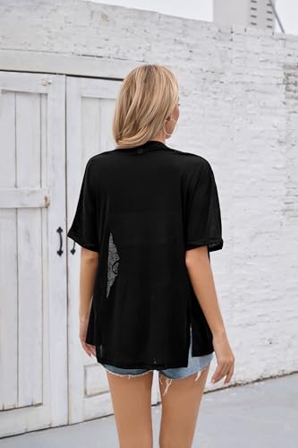 Iandroiy Women's Lightweight Open Front Cardigans Casual Short Sleeve Blouse Tops - color: A-04 Black, size: Large