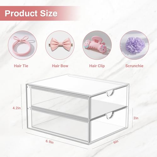 Hair Accessories Organizer for Girls, 2 Tier Acrylic Stackable Storage Drawers, Clear Vanity Hair Tie Bow Claw Clip Scrunchie Holder Organizer for Girls Stuff, Cute Desk Organizers and Accessories