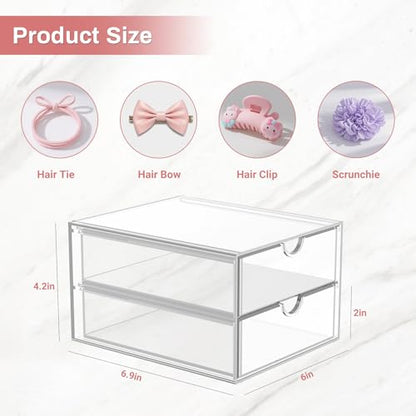 Hair Accessories Organizer for Girls, 2 Tier Acrylic Stackable Storage Drawers, Clear Vanity Hair Tie Bow Claw Clip Scrunchie Holder Organizer for Girls Stuff, Cute Desk Organizers and Accessories