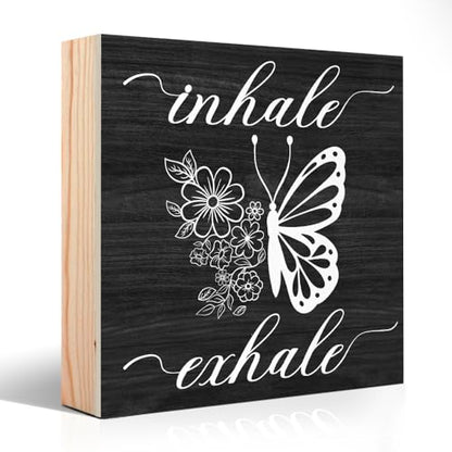 Inhale Exhale Funny Butterflies Wooden Sign Desk Decor for Home Office Farmhouse Bedroom, Yoga Spa Room Decor, Meditation Gifts for Women Boss Leader Supervisor Coworkers Family Friend BFF - style: Traditional