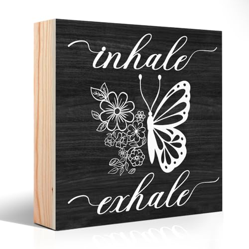 Inhale Exhale Funny Butterflies Wooden Sign Desk Decor for Home Office Farmhouse Bedroom, Yoga Spa Room Decor, Meditation Gifts for Women Boss Leader Supervisor Coworkers Family Friend BFF - style: Traditional