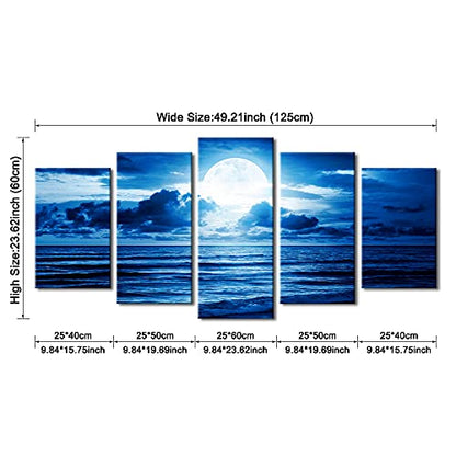 Pyradecor Blue Clouds Canvas Prints Wall Art Moon Sea Beach Pictures Paintings Ready to Hang for Living Room Bedroom Home Decor Modern 5 Piece Stretched Landscape Artwork - size: 10x16inchx2pcs,10x20inchx2pcs,10x24inchx1pc