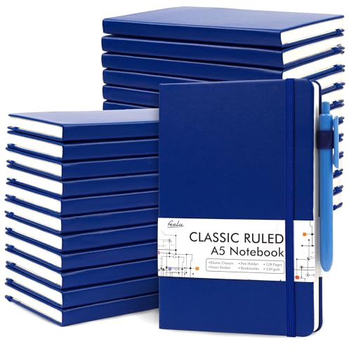 feela 24 Pack Journal Notebook for Work, Business Notebook Bulk Hardcover Lined Writing Journal with Pen Holder for Men Women Note Taking, with 24 Black Pens, 120 GSM, 5.1”x8.3”, A5, Navy - color: 24 Pack navy