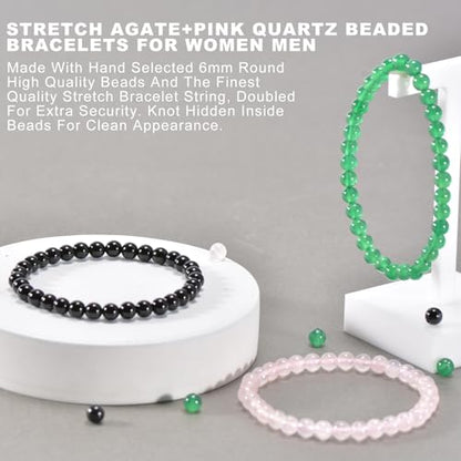 3PCS Agate Bracelet for Women Men Natural Round Beaded Agates Stone Healing Stretch Bracelets Elastic Handmade Polished Gemstone Beads Bracelet - color: Black+Pink+Green
