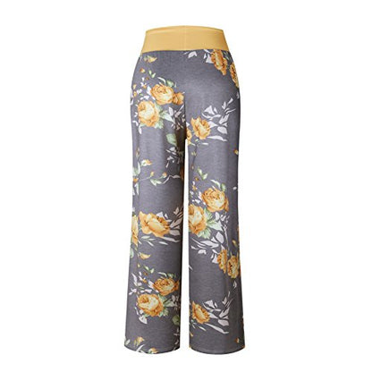 iChunhua Women's Comfy Stretch Floral Print Drawstring Palazzo Wide Leg Lounge Pant