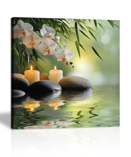 Zen Bamboo & Stone Canvas Wall Art, Spa Bathroom Decor Framed Print White Flowers in Water Nature Meditation Painting for Home Office(Artwork-01, 28"x28") - color: Zen Art 01, size: 28"L x 28"W