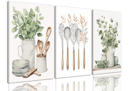 AOYUSMO 3 Piece Canvas Wall Art Kitchen Wall Art Sage Green Pictures Botanical Paintings Farmhouse Artwork Eucalyptus Nature Art Prints for Dining Room 12"x16" - color: Kitchenware Flowers, size: 12x16in