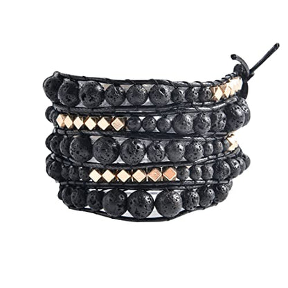 YGLINE Natural Stone Wrap Bracelet for Women Boho Bracelets Healing Crystal Beaded Bracelet Adjustable 3/5 Wraps Bracelet Handmade Birthday Gifts for Women - color: lava stone-3w
