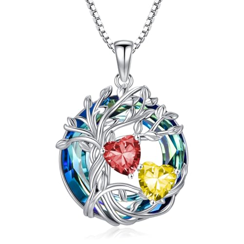 TOUPOP s925 Sterling Silver Family Celtic Tree of Life Pendant Necklaces with 2 Heart Birthstone with Blue Austrian Crystal Jewelry Birthday Valentines Day Gifts for Her, Anniversary Christmas Gifts for Wife Girlfriend Mom (18K Real White Gold Filled) - c