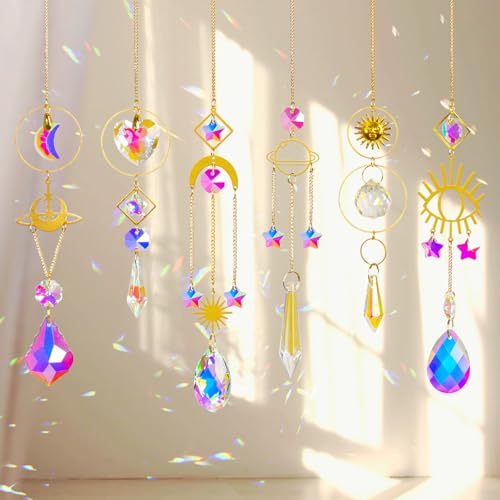 Sun Catchers 6Pieces Colorful Crystals Suncatcher with Chain Pendant Ornaments Hanging Crystals Prism Rainbow for Window Home Indoor Outdoor Car Mirror Garden Christmas Day Party - color: Gold New