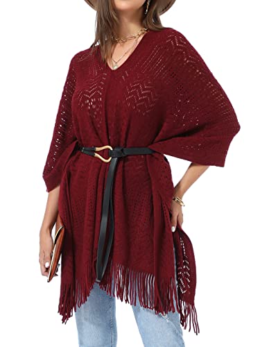 Soul Young Knitted Poncho Sweater for Women Ladies Pullover Wraps Cozy Topper shawl Cape - color: Burgundy