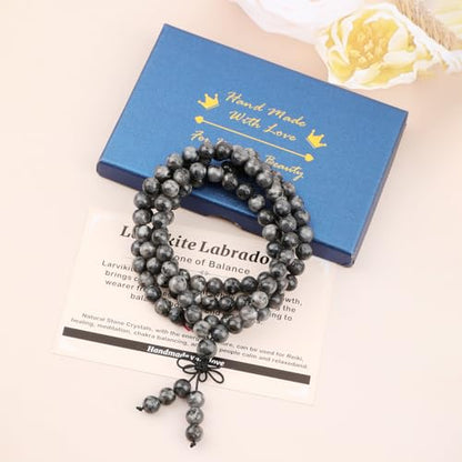 AD Beads 6mm 8mm 108 Prayer Mala Jasper Elastic Bracelet - Handmade Yoga Meditation Healing Power Energy Gifts for Unisex Adult. - color: Larvikite Labradorite(Balance )
