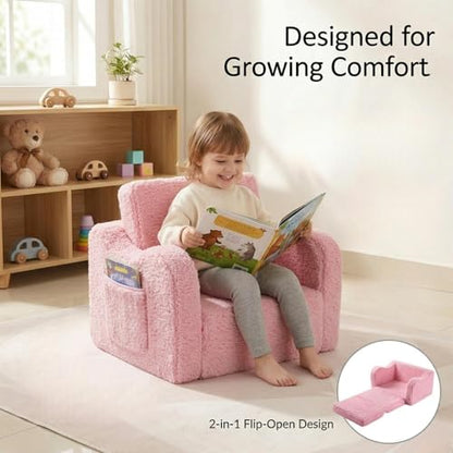 MOMCAYWEX Kids Sofa, 2-in-1 Flip-Out Foam Couch with Soft Sherpa Cover, Cozy Play Lounge Chair, Pink - color: Pink, size: Medium