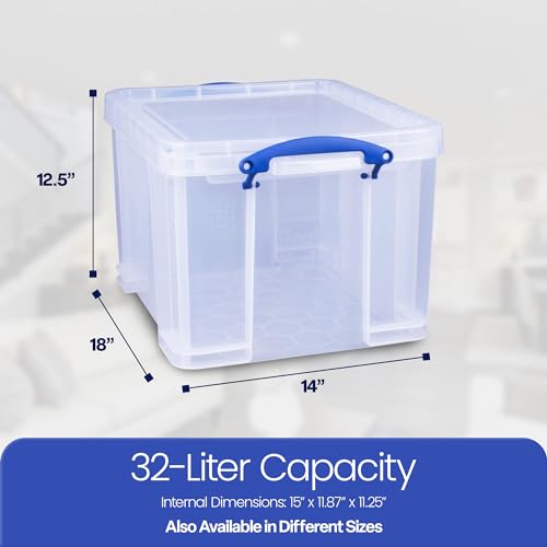 Really Useful Box 3-Pack Clear Stackable Storage Containers with Snap Lids, 32 Liters - Plastic Organizer Bins with Clip-Lock Handles for Home, Bedroom, Closet, Bathroom, Garage, and Office