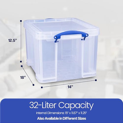 Really Useful Box 3-Pack Clear Stackable Storage Containers with Snap Lids, 32 Liters - Plastic Organizer Bins with Clip-Lock Handles for Home, Bedroom, Closet, Bathroom, Garage, and Office