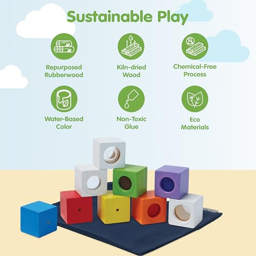 PlanToys® Sensory Activity Blocks for Toddlers – 9-Piece Set with Visual, Auditory & Tactile Stimuli – Montessori Toy with Storage Bag – Wooden Learning Toy for Babies & Kids Ages 12 Months+