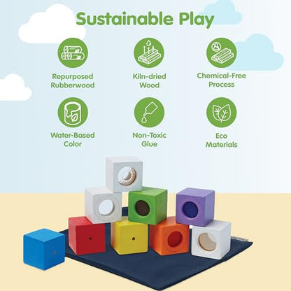 PlanToys® Sensory Activity Blocks for Toddlers – 9-Piece Set with Visual, Auditory & Tactile Stimuli – Montessori Toy with Storage Bag – Wooden Learning Toy for Babies & Kids Ages 12 Months+