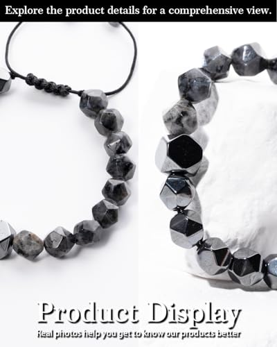Beaded Bracelet for Men, 10mm Natural Stones Bracelet for Men's Gift, Adjustable Precision-Cut Gemstone Crystal Healing Bracelet, Protection Jewelry Gift with Hematite, Tiger Eye - style: Black Labradorite & Hematite