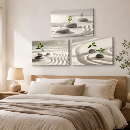 Zen Wall Art, Stone and Green Leaf Pictures Zen Wall Decor Canvas Print, 3 Panels Yoga Spa Meditation Painting Calming Home Decorations Artwork for Spiritual Room Office Living Room Bedroom Bathroom - color: 3Zen Art04, size: 30"L x 20"W (3pcs)