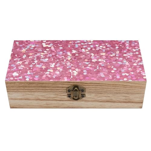 Pink Glitter Wooden Storage Box (7.9" X 3.9" X 2.3"),Vintage Wooden Jewelry Box with Hinged Lid Natural Wood Keepsake Storage Boxes, Decorative Rustic Organizer for Home Decor Crafts Rings Gifts - color: Pink Glitter