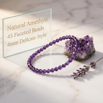 Angelstones Natural Gemstone Small Beaded Stretch Bracelet, 4mm Faceted Round Beads, Crystal Healing Bracelet for Women - color: Amethyst